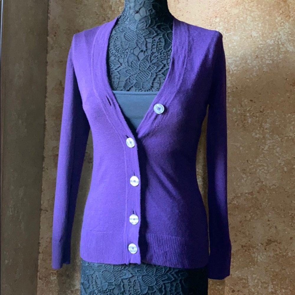 Cable & Gauge wool button up purple cardigan